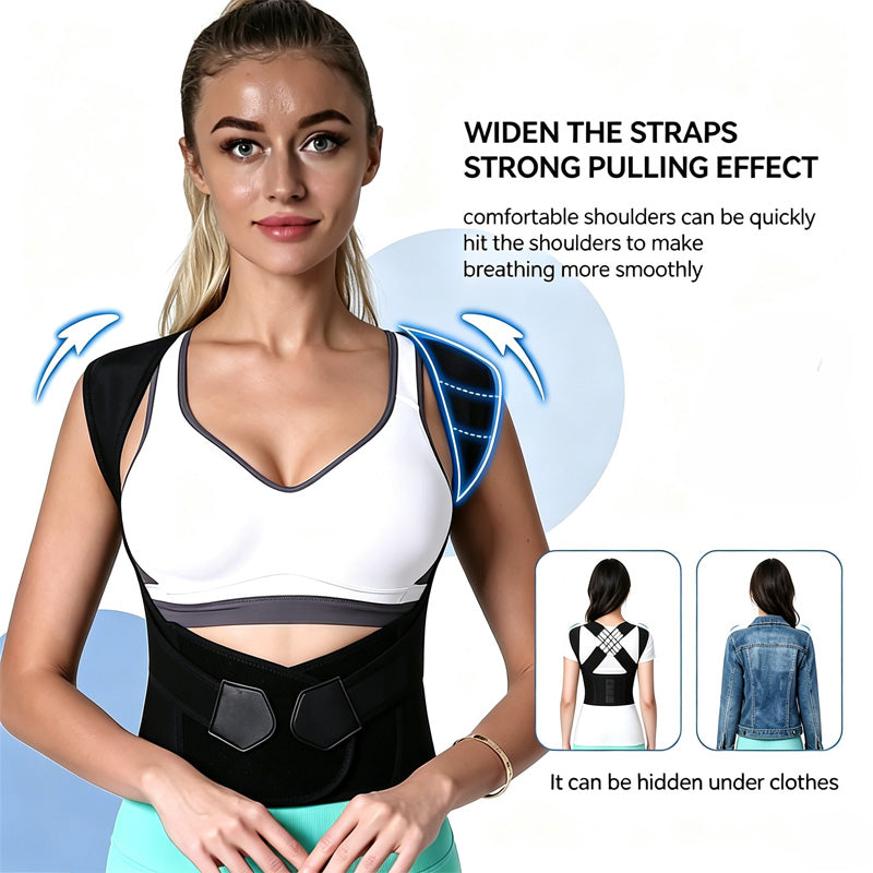 Posture corrector worn from the back showing adjustable straps