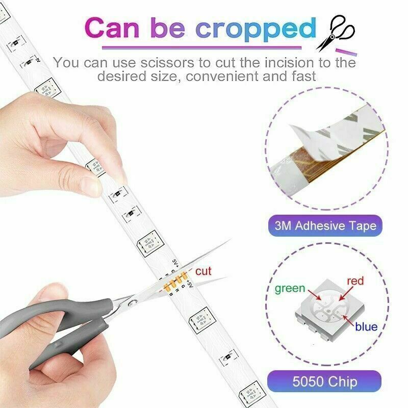 RGB LED strip lights showing multiple color modes